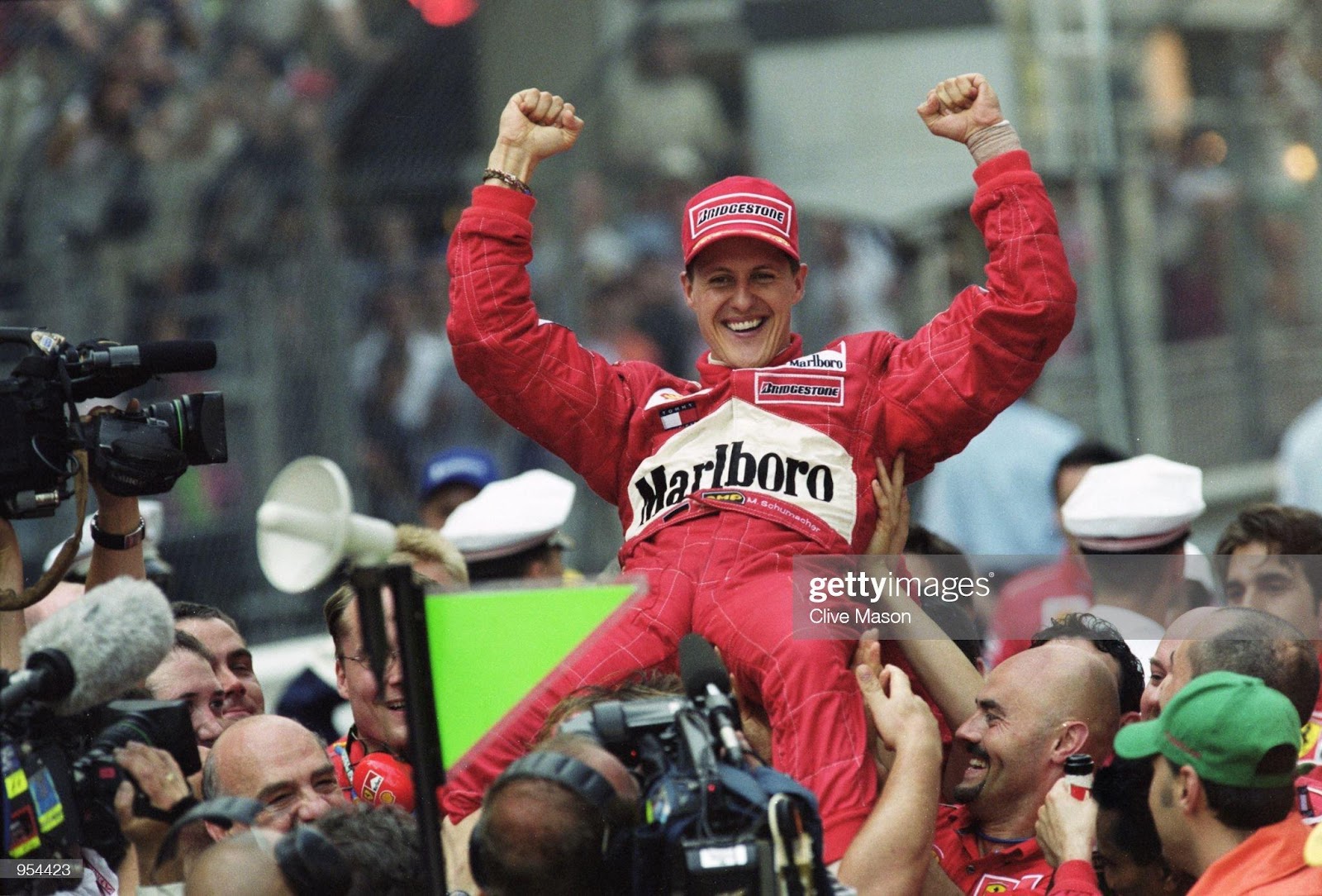 27 May 2001: Ferrari driver Michael Schumacher celebrates winning the Formula One Monaco Grand Prix in Monte Carlo, Monaco.