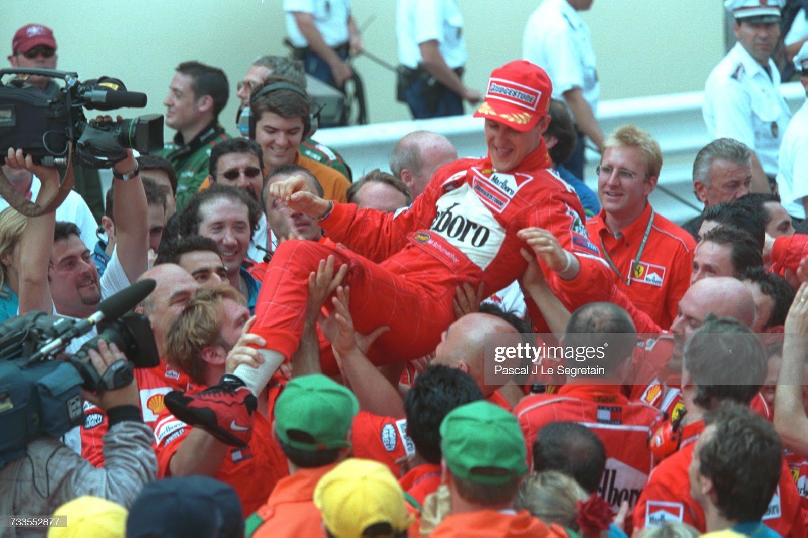 Michael Schumacher celebrating his victory at the Monaco F1 Grand Prix held on May 27, 2001 in Monte Carlo.