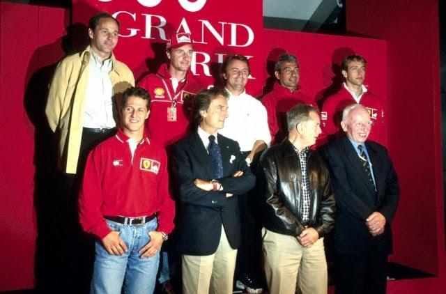 Italy 1999, 600 Grands Prix for Ferrari. Gerhard Berger, Eddie Irvine, Rene Arnoux, Michele Alboreto, Luca Badoer, Michael Schumacher, Luca di Montezemolo, Phil Hill and John Surtees.