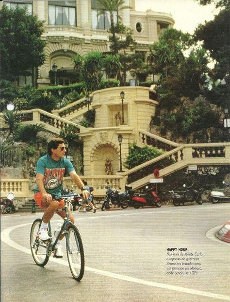 Ayrton Senna riding a bike in Monaco.