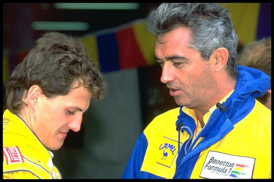 Michael Schumacher with Benetton Ford team boss Flavio Briatore in 1991.
