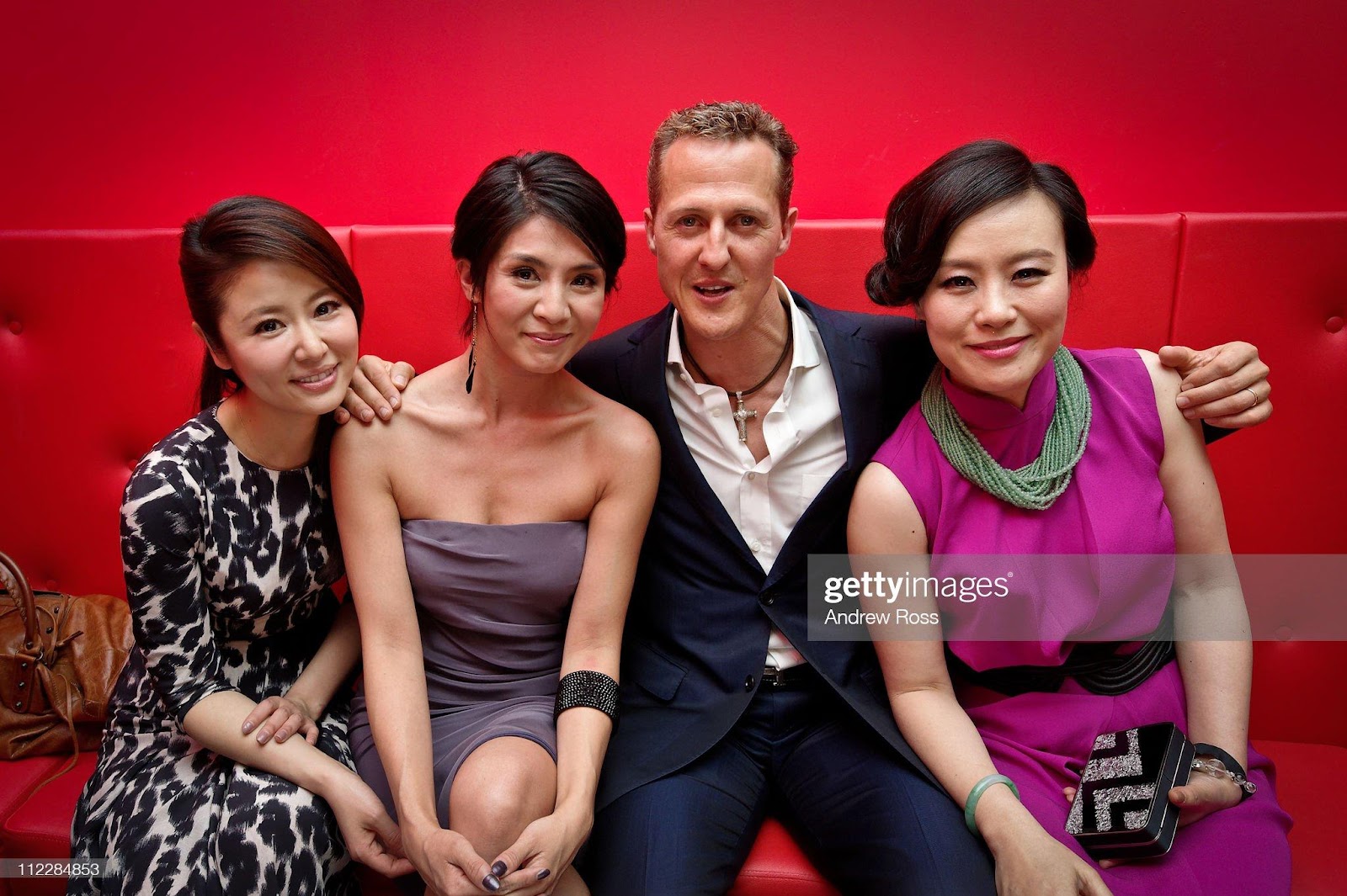 Left to right actress Ruby Lin, actress Charlie Leung, driver Michael Schumacher and actress Vivian Wu at the launch for the Navyboot Msone Collection at MoCa (Modern Museum of Contemporary Art) on April 16, 2011 in Shanghai, China.