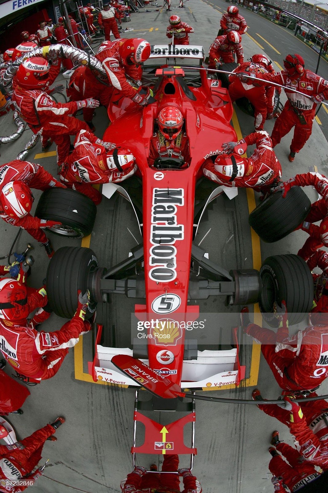Michael Schumacher, Ferrari, makes a pitstop during the Australian F1 Grand Prix at the Albert Park Circuit on April 02, 2006 in Melbourne, Australia. 