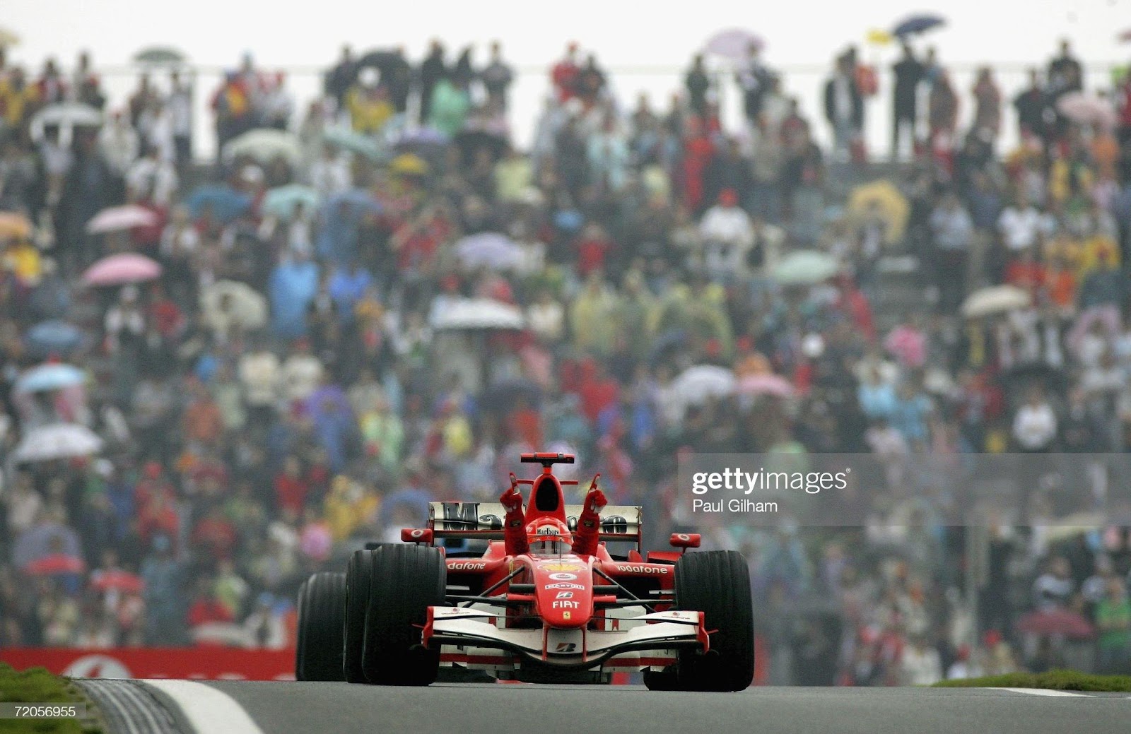 Michael Schumacher, Ferrari, celebrates winning the Chinese F1 Grand Prix at Shanghai International Circuit on October 1, 2006.