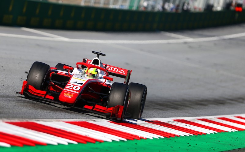 Mick Schumacher driving at the F2 Austrian Grand Prix.