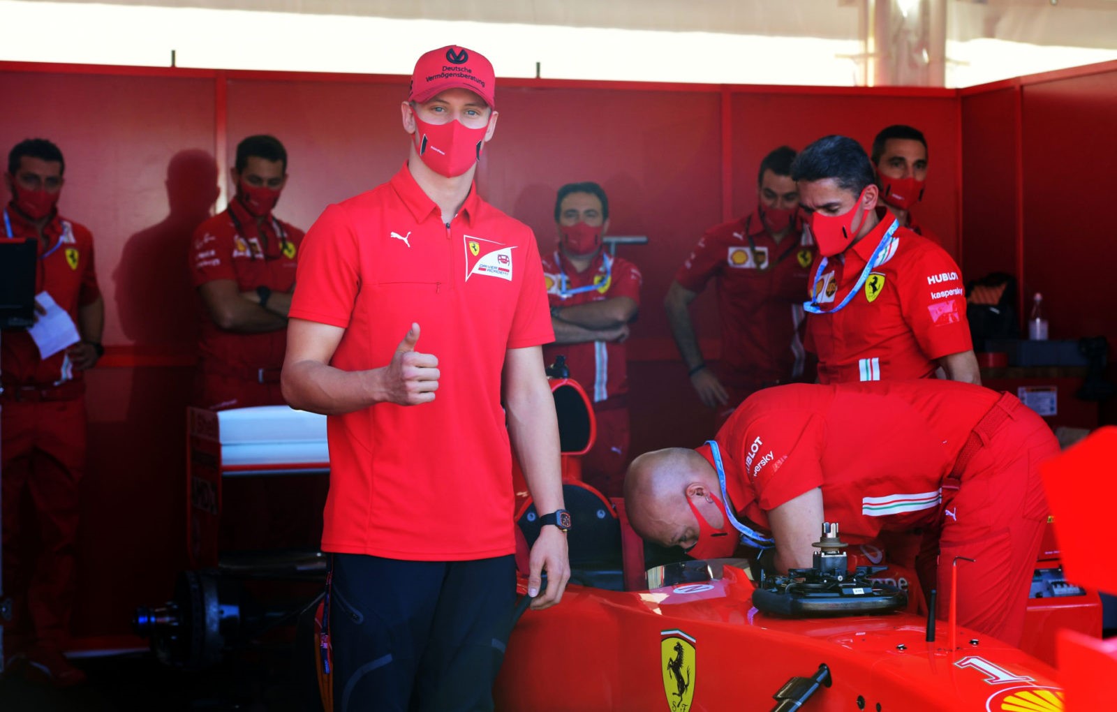 Mick Schumacher in the Ferrari pits.
