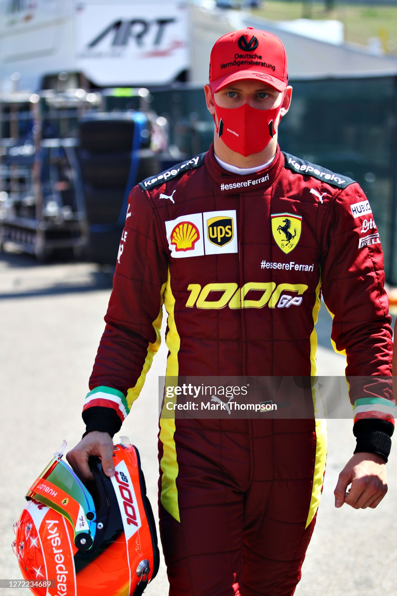 Mick Schumacher of Germany prepares to drive the Ferrari F2004 of his father Michael Schumacher before the F1 Grand Prix of Tuscany at Mugello Circuit on 13 September 2020 in Scarperia, Italy. 