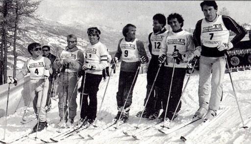Pierluigi Martini, Stefan Johansson, Nelson Piquet, Jacques Laffite, Michele Alboreto, Alain Prost and Philippe Alliot with skis.