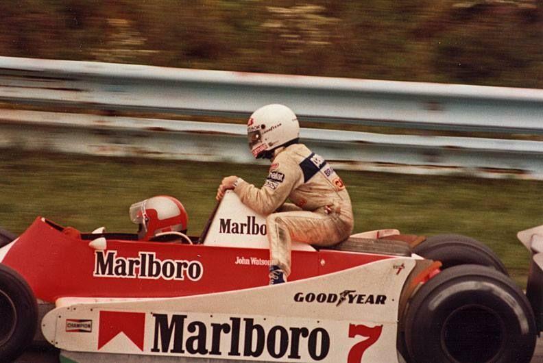 Nelson Piquet rides on John Watsons McLaren.