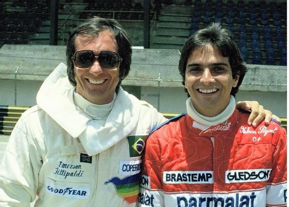 Emerson Fittipaldi (then at the Copersucar-Fittipaldi team) and Nelson Piquet, Brabham, at Interlagos, in 1979.