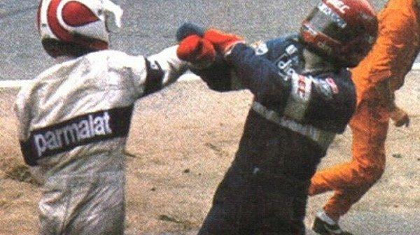 Nelson Piquet fighting with Eliseo Salazar.