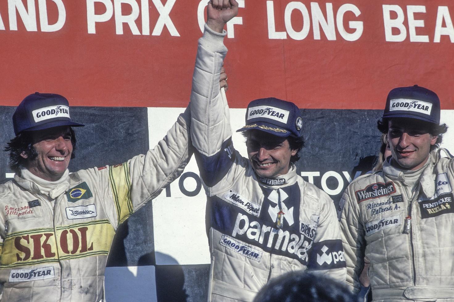 Nelson Piquet celebrates his first F1 win at Long Beach in 1980.