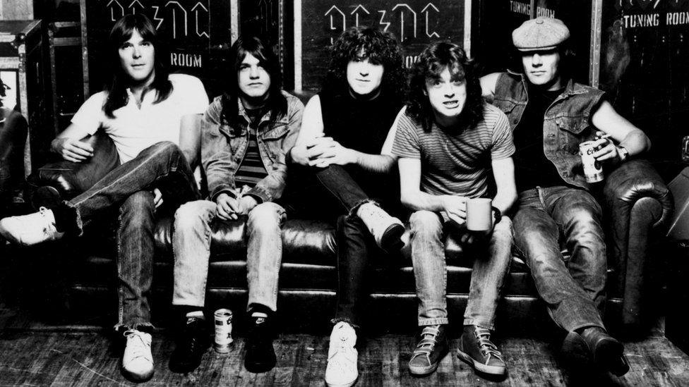 From left to right Cliff Williams, Malcolm Young, Simon Wright, Angus Young and Brian Johnson, pictured in the 1980s.