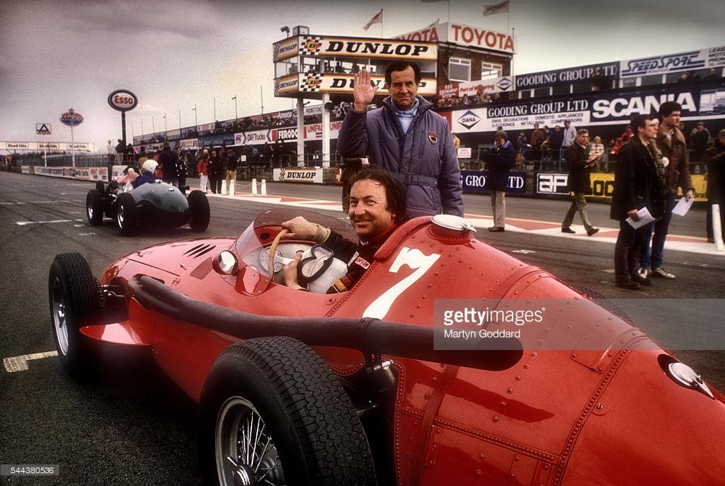 Nick Mason at the start line in his Maserati 250F racing at a VSCC race meeting at Silverstone in late 1980s.