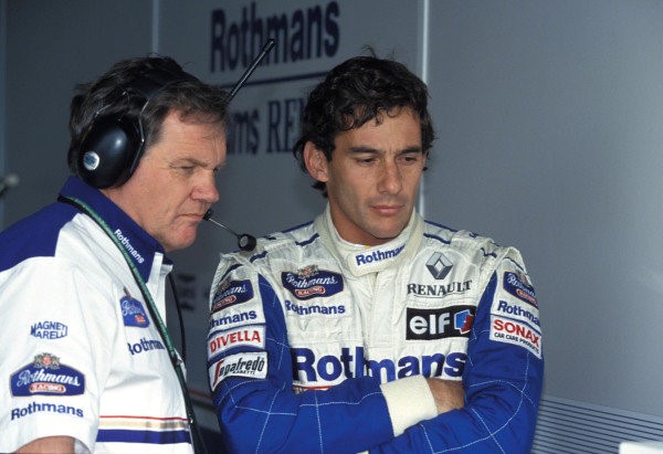 San Marino GP, Patrick Head and Ayrton Senna in the Williams garage.