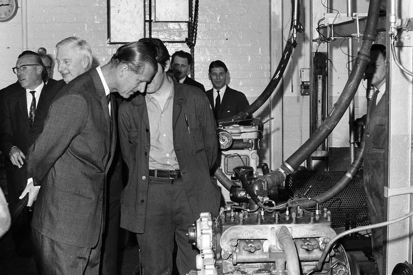 Prince Philip, Duke of Edinburgh visits Coventry Climax, legendary F1 engine firm.