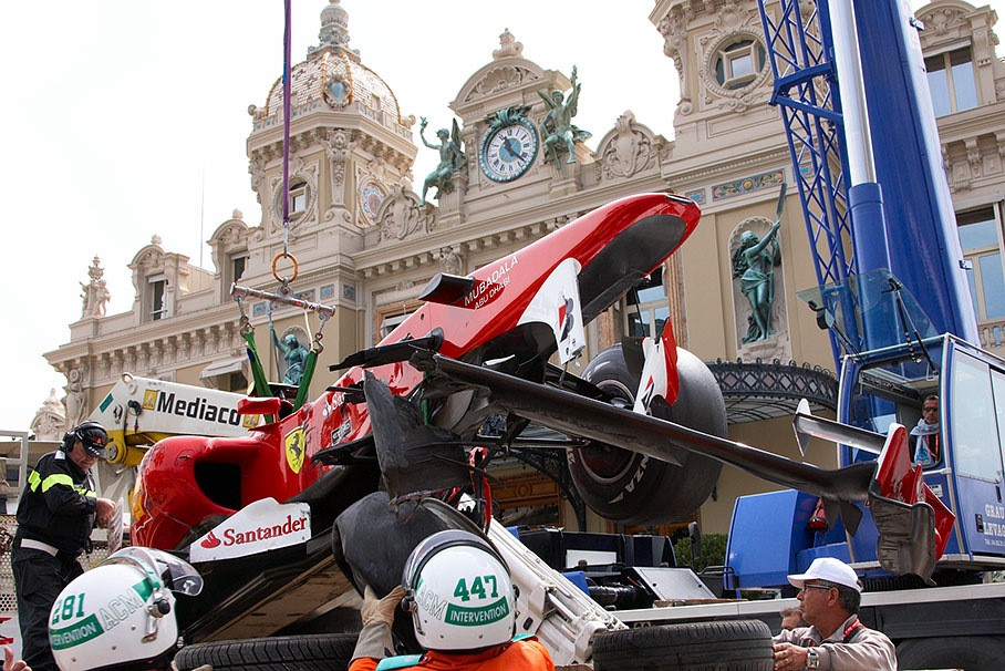 Alonso crashed his Ferrari car at Massenet turn during Saturday morning practice session at the Monaco GP in June 2010. 