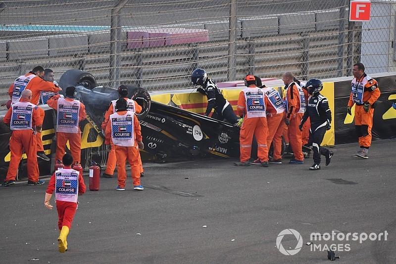 2018 Abu Dhabi Grand Prix. Hulkenberg's car came to rest upside down, leaning against the barrier at the outside of the Turn 8/9 chicane, after he was sent into a series of flips by his clash with Romain Grosjean.