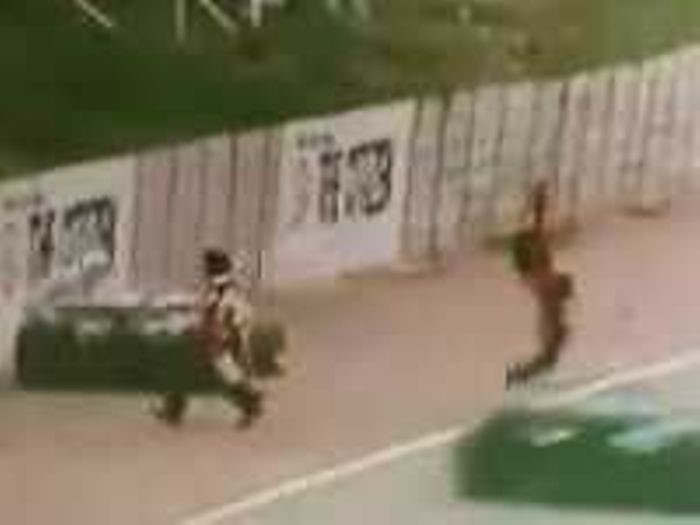 Screenshot from the exact moment Tom Pryce hit and split a marshal in two at Kyalami, South Africa, in 1977.