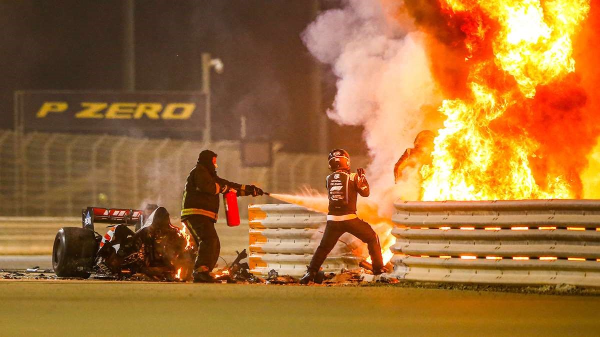 Romain Grosjean’s horrifying fireball crash on the first lap of the 2020 Bahrain Grand Prix.
