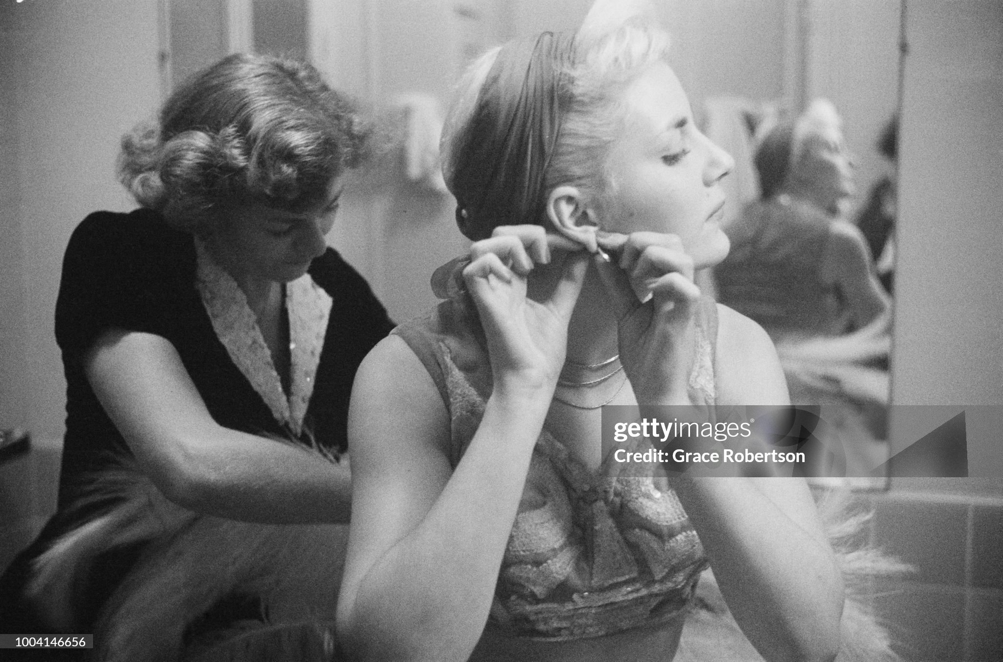 Members of a newly-formed Bluebell Girls dance troupe from England, in their dressing room during rehearsals at the Nuevo Teatro in Milan in November 1951. 