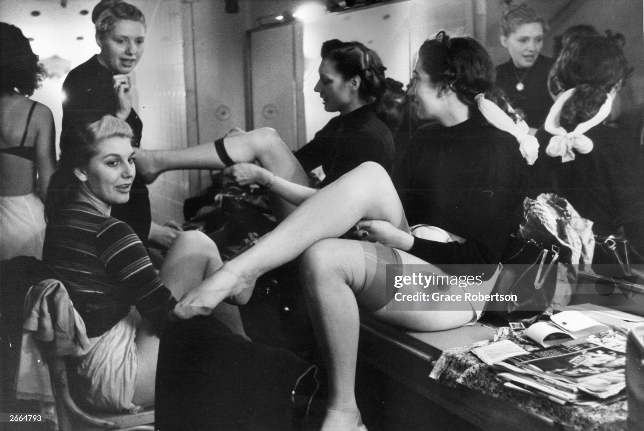 Members of a Bluebell Girls dance troupe after a rehearsal at the Nuevo Teatro in Milan in November 1951. 