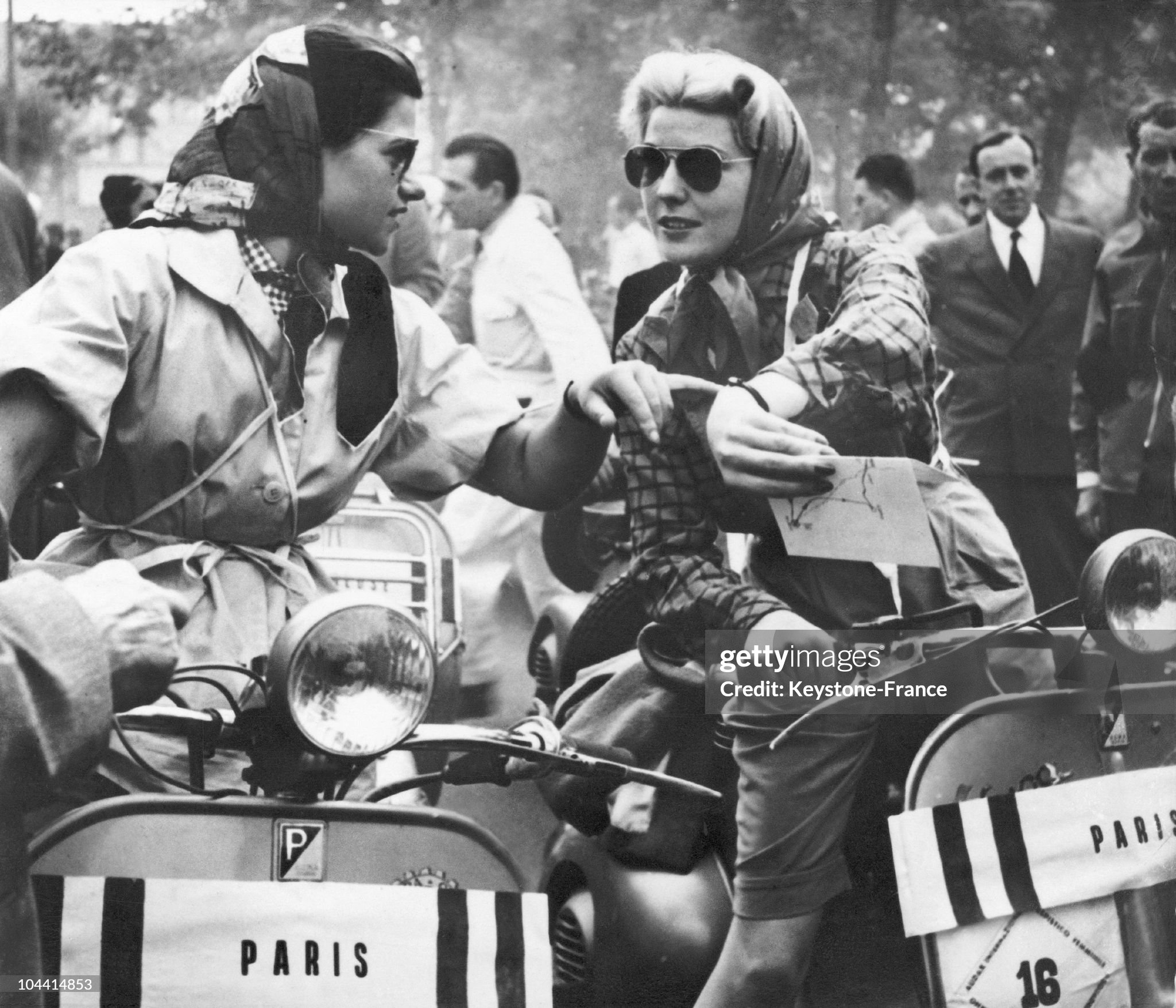 The Paris team on the starting line at the women's moped race held in Milan on June 09, 1952. This was the first race made for the women of Belgium, Italy, France, Switzerland and Germany. The course ran 260km, from Milan to Come. 