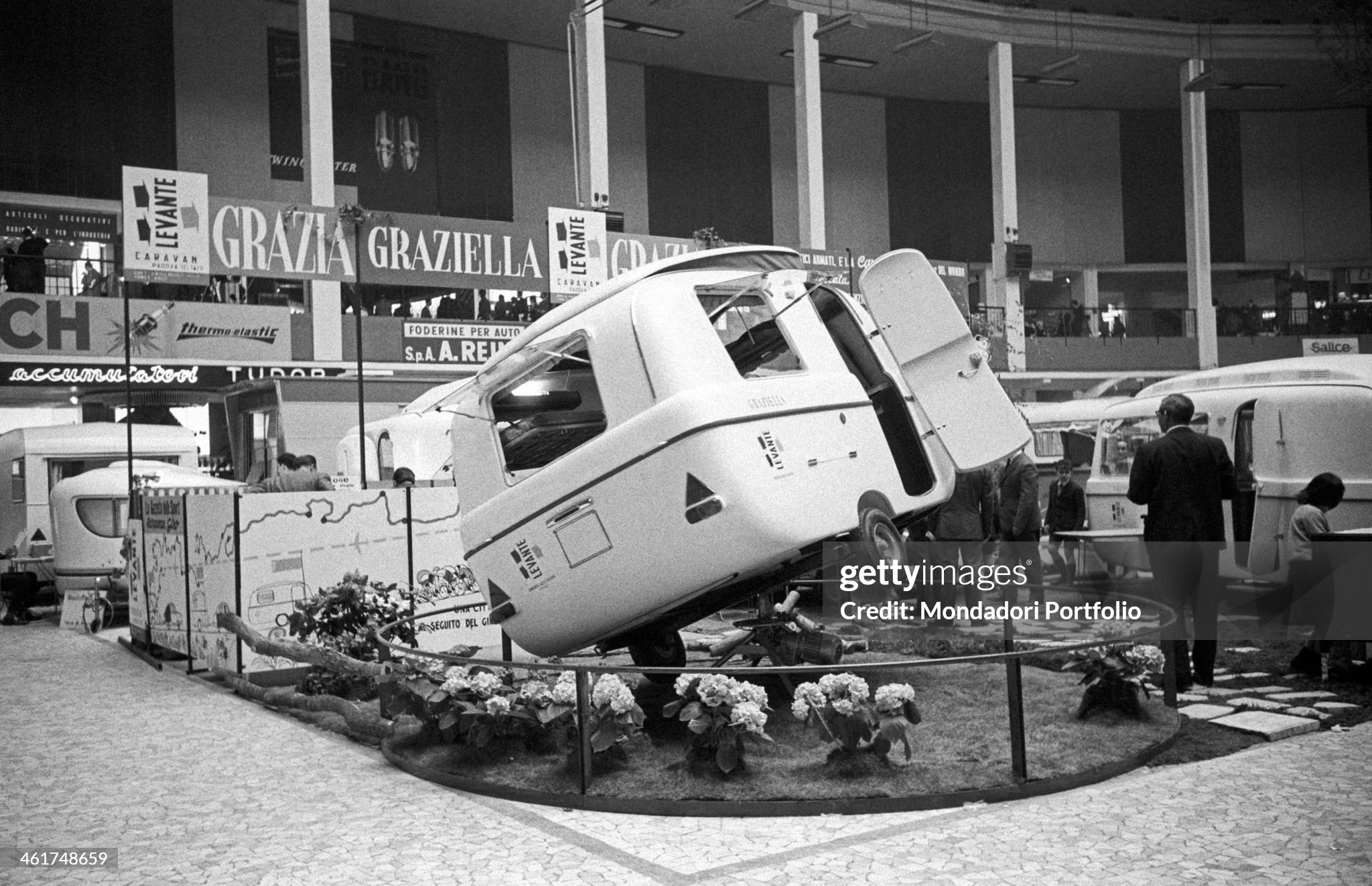 A Levante Graziella 300 is shown on the rotating platform into a stand within the Fair of Milan in April 1963;.