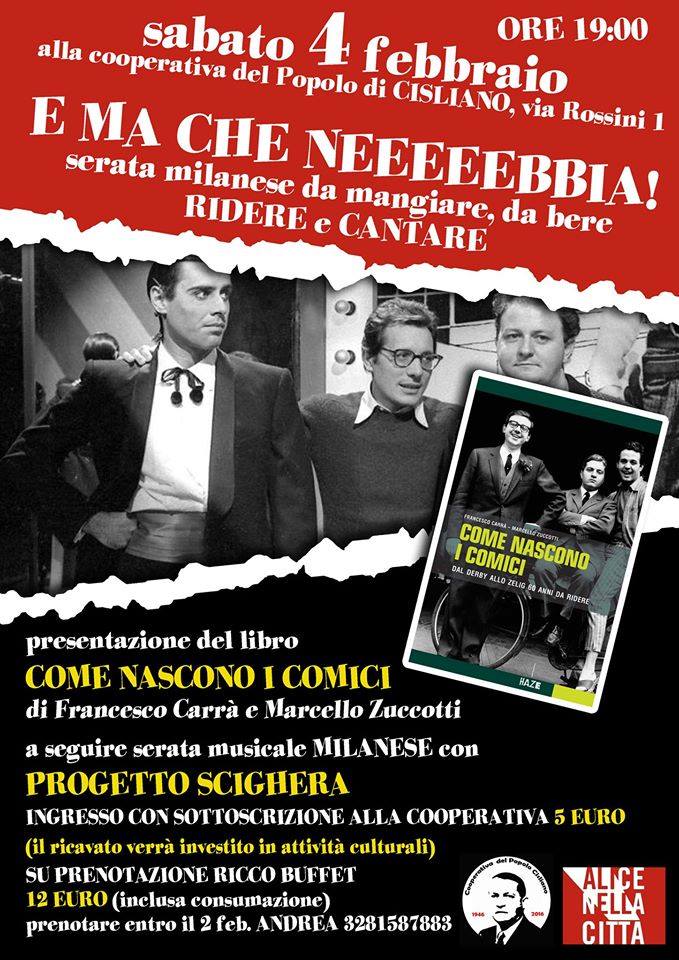 The poster for the presentation of the book 'Come nascono I comici’ (How comedians are born) by Francesco Carra' and Marcello Zuccotti.