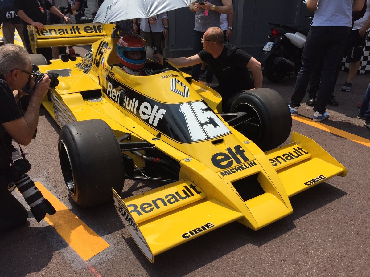 Celebrating 40 years of Renault in F1 at the Monaco GP. Jean-Pierre Jabouille in the '77 RS01.