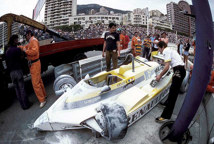 Arnoux’s accident at Monaco in 1981.