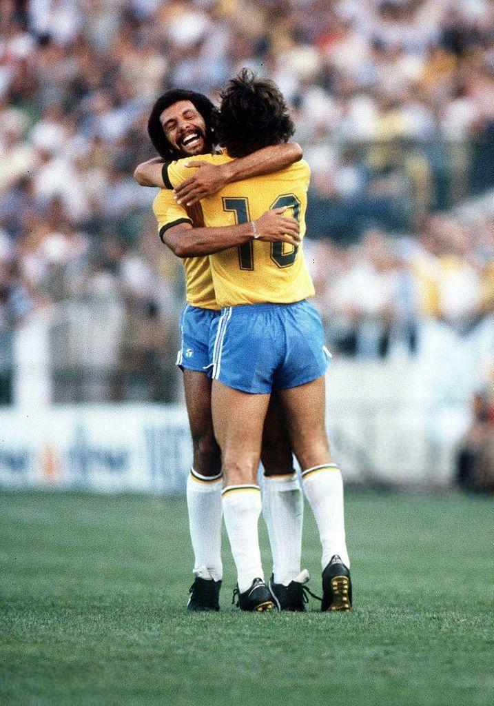 World Cup Finals, Seville, Spain, 23rd June, 1982, Brazil 4 vs New Zealand 0. Brazil's Zico is congratulated by teammate Junior after scoring the first goal.