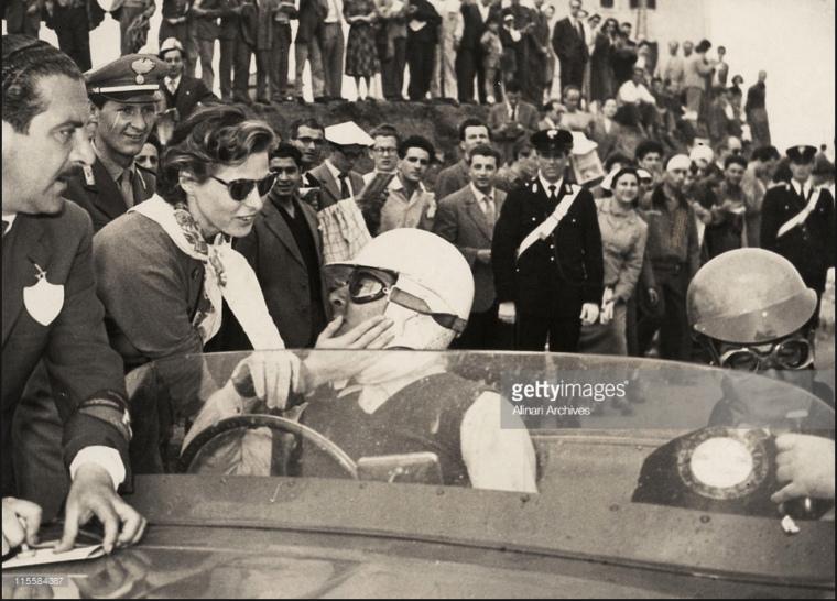 Bergman, driver Rossellini with his co-driver and cameraman colleague Aldo Tonti at the start of the 1953 Mille Miglia.