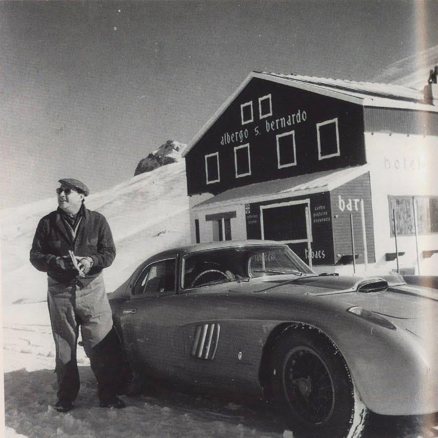 This is 1954 Ferrari 375 MM s/n 0456AM. The location is the Little St. Bernhard Pass, just few meters from the Italy-France border. The person is Roberto Rossellini, who owned this car 1955 – 1957, on the 1st March 1955.