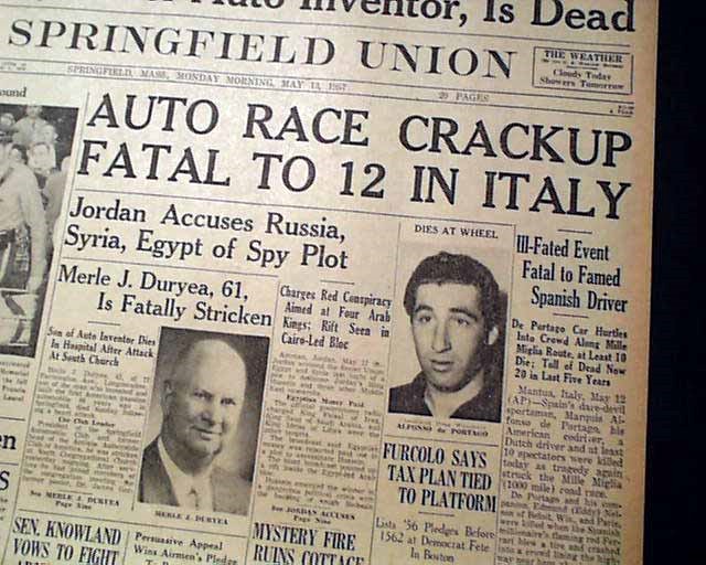Mille Miglia Italy road car racing, Alfonso de Portago disaster. 1957 newspaper.