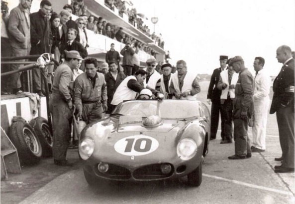 A Ferrari 246 SP stopped in the pits during the 1961 24 Hours of Le Mans. 