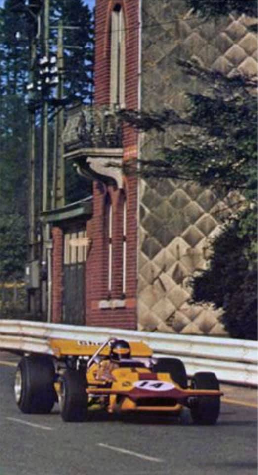 Ronnie Peterson at the Belgian Grand Prix, beginning of the straight after the Masta Kink, on 07 June 1970.