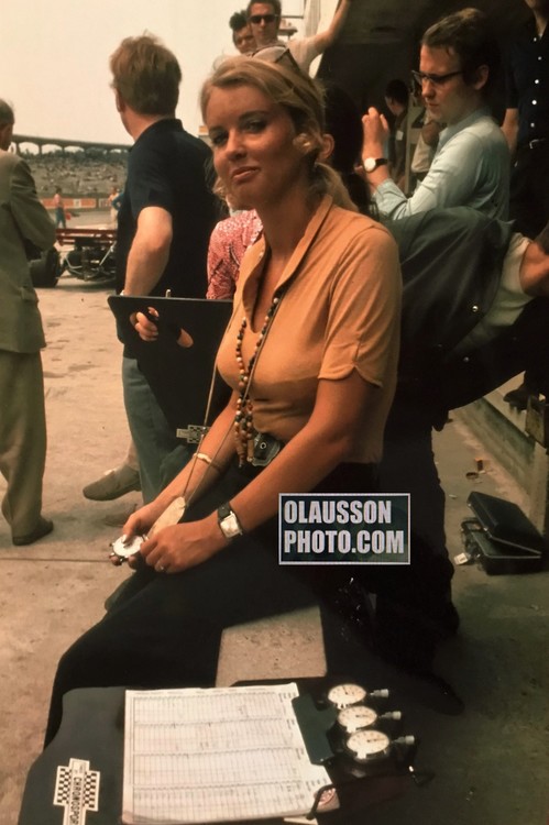 Barbro Peterson keeps the times of her husband at Hockenheim in 1970. 