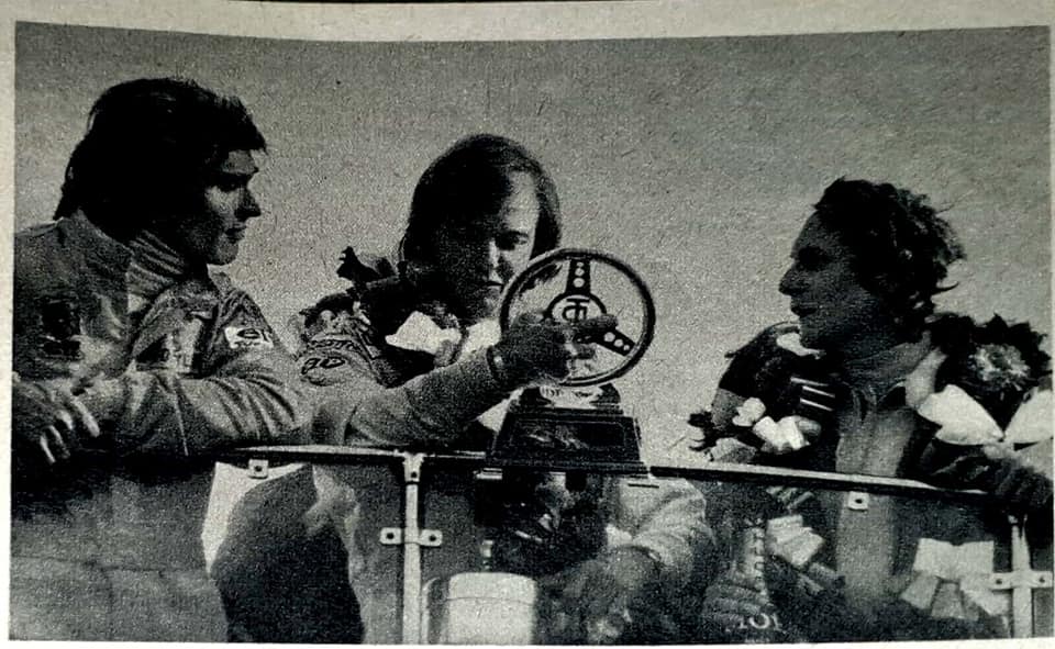 Francois Cevert, Ronnie Peterson and Niki Lauda on the podium.