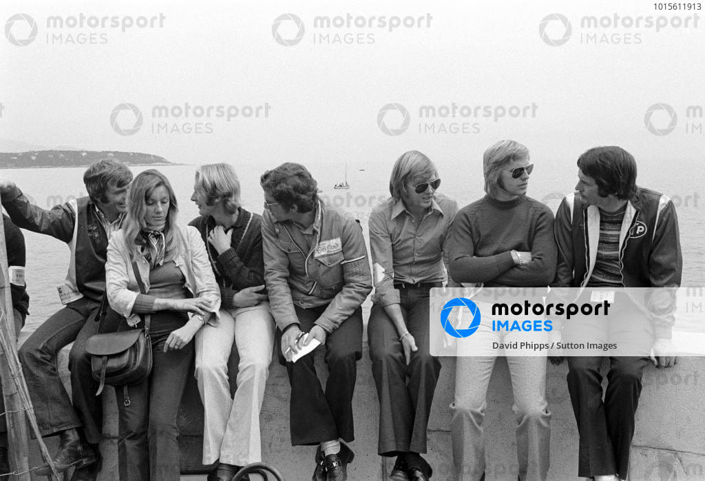 Ronnie Peterson with Max Mosley, Helmut Marko, Rolf Stommellen, Reine Wisell and Robin Herd in 1972.