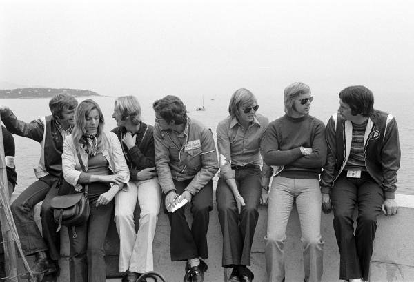Left to right: Max Mosley, Helmut Marko, Rolf Stommelen, Ronnie Peterson, Reine Wisell and Robin Herd at Monaco Grand Prix on 14 May 1972. 