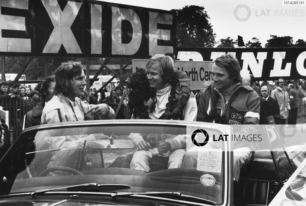 European F2 on 16 September 1972 at Oulton Park. James Hunt third, Ronnie Peterson first and Niki Lauda second ...