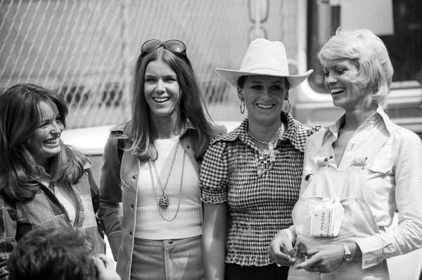 Wives of drivers, left to right: Catherine Ickx, Helen Stewart, Maria Helena Fittipaldi and Jacqueline Beltoise at the Monaco Grand Prix in Monte Carlo on 03 June 1973.