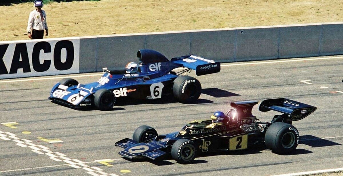 First line for Ronnie Peterson, Lotus and Francois Cevert, Tyrrell, at the 1973 Swedish Grand Prix at Anderstorp.