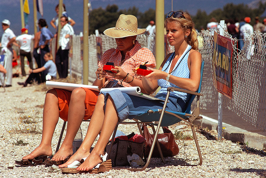 Lotus timekeepers Helena Fittipaldi and Barbro Peterson keep the times of their husbands at Paul Ricard, Le Castellet, in 1973. 