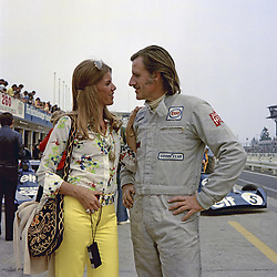 Helen Stewart and Graham Hill, Hill Shadow-Ford, in the pits before the 1973 German Grand Prix at the Nurburgring. 
