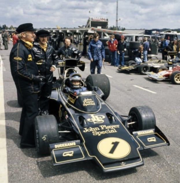 Ronnie Peterson, Lotus 72E, with Colin Chapman on 09 June 1974 at the Swedish Grand Prix at Anderstorp.