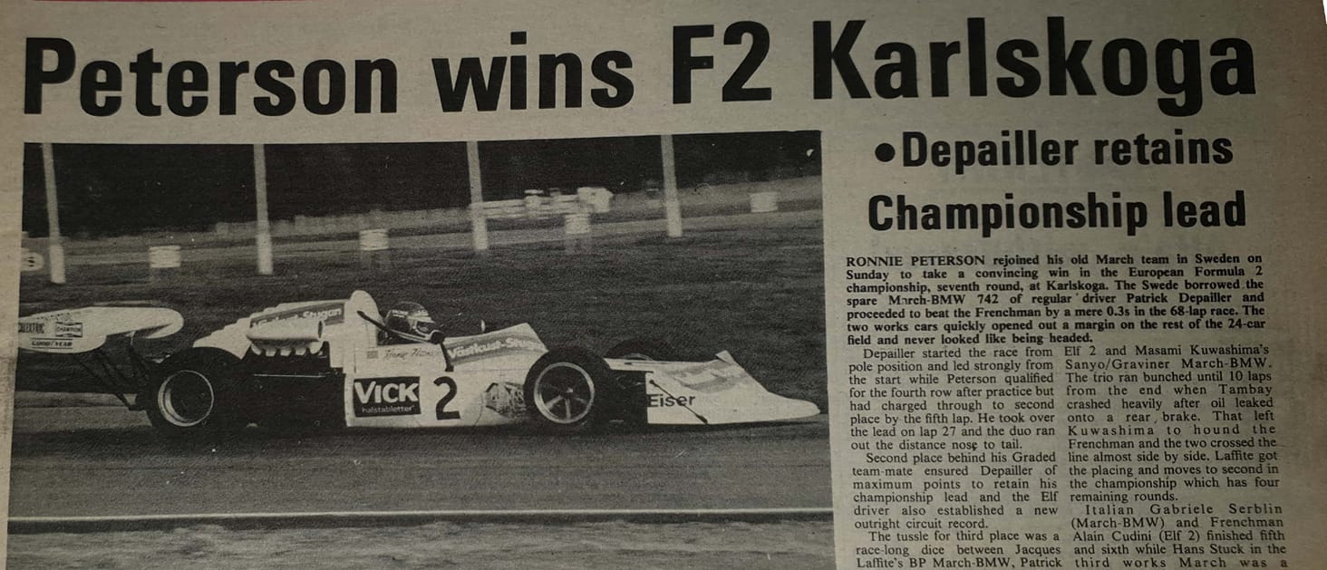 Ronnie Peterson wins the F2 race in Karlskoga, Sweden, on 11 August 1974.