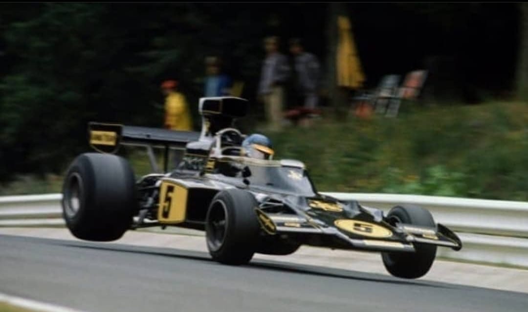 Ronnie Peterson flying at Nurburgring, Germany, on 03 August 1975.