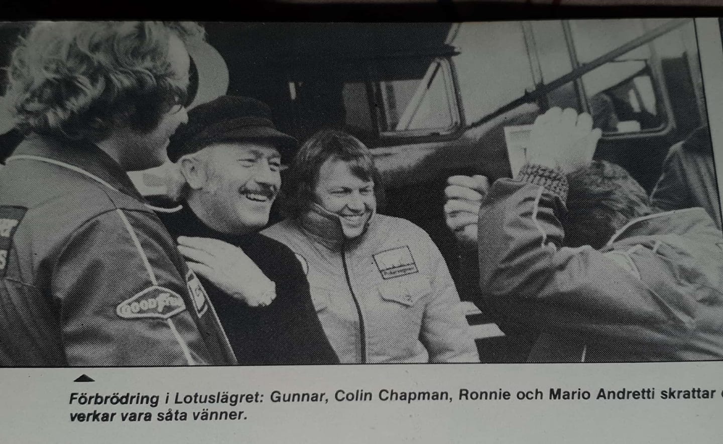 Gunnar Nilsson, Colin Chapman, Ronnie Peterson and Mario Andretti at the Swedish Grand Prix in Anderstorp on 13 June 1976.